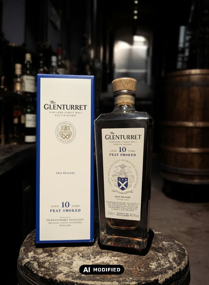 Glenturret 10 Years Peat Smoked 2025 Highland Single Malt Scotch Whisky in einer Glasflasche mit Holzkorken und passender blauer Kartonverpackung.