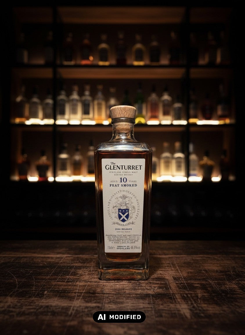 Glenturret 10 Years Peat Smoked 2025 Highland Single Malt Scotch Whisky in einer Glasflasche mit Holzkorken.