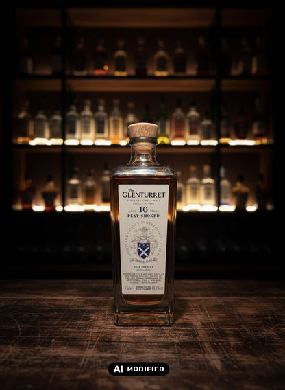 Glenturret 10 Years Peat Smoked 2025 Highland Single Malt Scotch Whisky in einer Glasflasche mit Holzkorken.