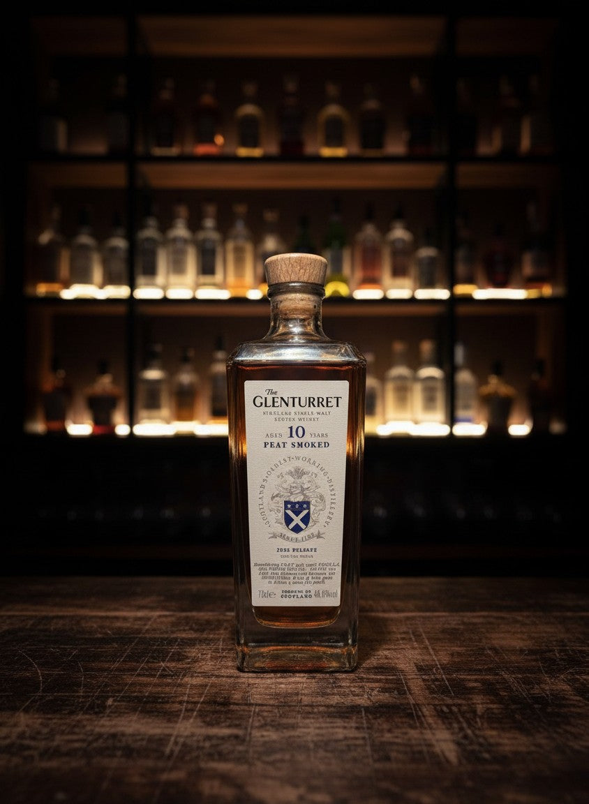 Glenturret 10 Years Peat Smoked 2025 Highland Single Malt Scotch Whisky in einer Glasflasche mit Holzkorken.