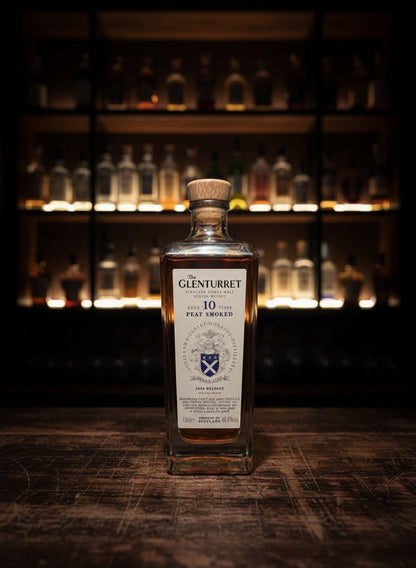 Glenturret 10 Years Peat Smoked 2025 Highland Single Malt Scotch Whisky in einer Glasflasche mit Holzkorken.