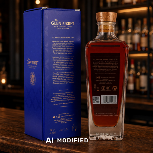 Glenturret 12 Jahre 2024 Highland Single Malt Whisky Flasche mit blauer Geschenkverpackung auf einem Tresen