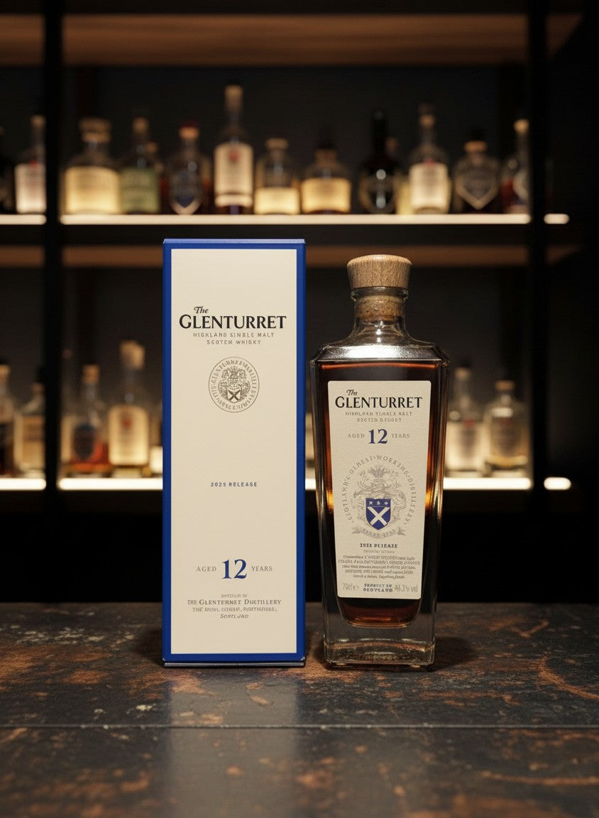 Whiskyquartier Glenturret 12 Jahre 2025 Highland Single Malt Scotch Whisky in Glasflasche mit Karton.