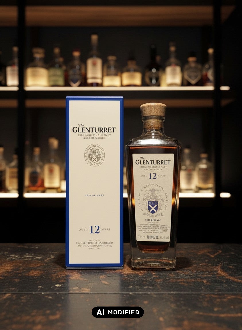 Whiskyquartier Glenturret 12 Jahre 2025 Highland Single Malt Scotch Whisky in Glasflasche mit Karton.