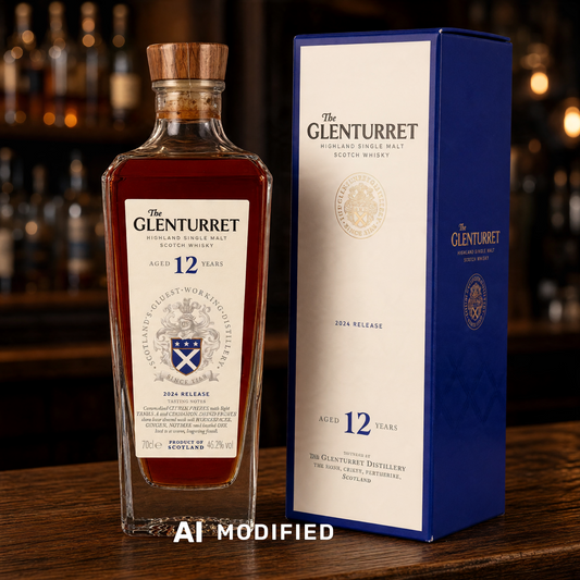 Glenturret 12 Jahre Highland Single Malt Whisky Flasche mit blauer Geschenkverpackung auf einem Holztisch