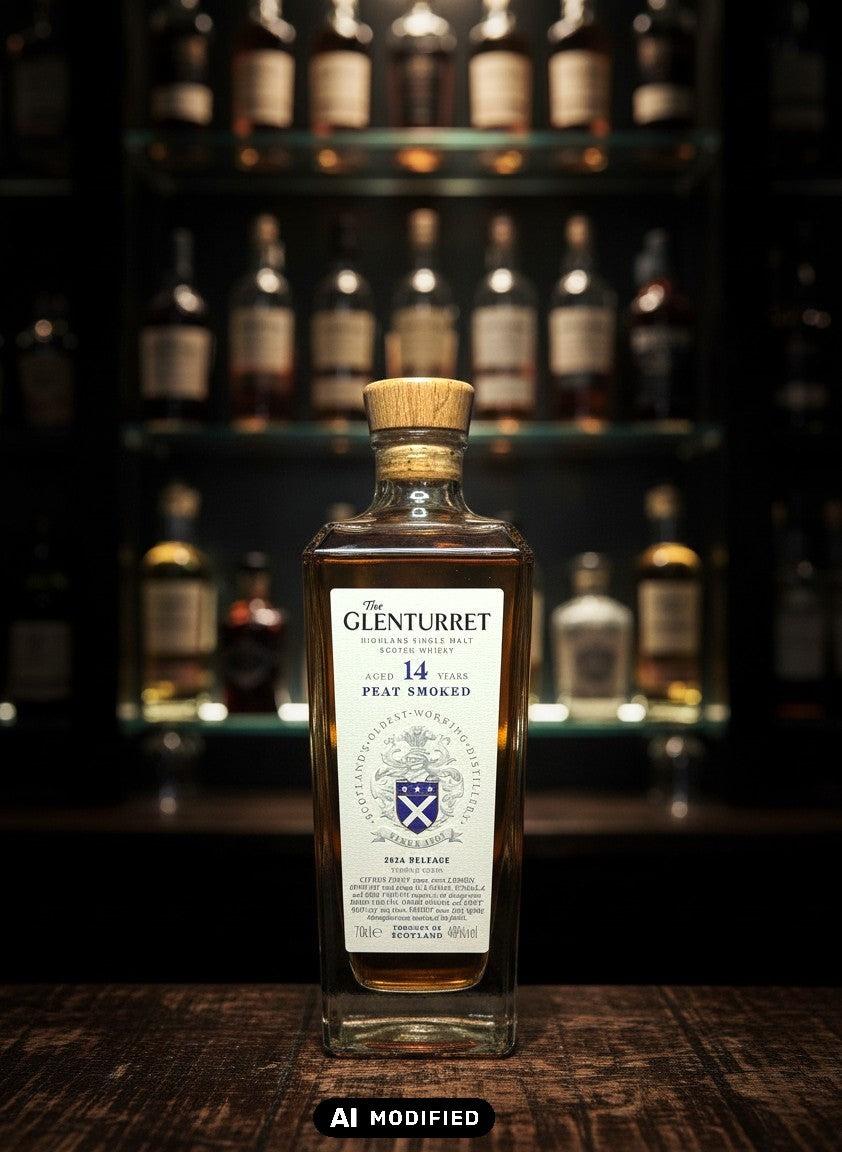 Glenturret 14 Years Peat Smoked 2024 Highland Single Malt Scotch Whisky in einer Glasflasche mit Holzkorken. Limitierte Auflage.