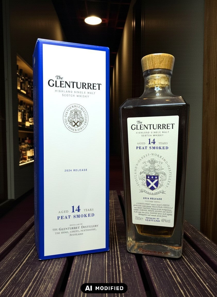 Glenturret 14 Years Peat Smoked 2024 Highland Single Malt Scotch Whisky in Glasflasche mit Holzkorken und blauer Kartonverpackung.
