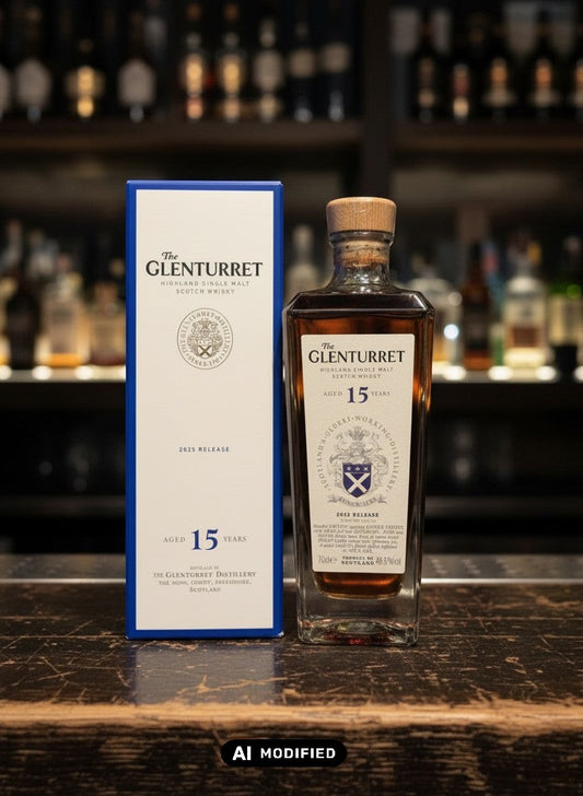 Glenturret 15 Years 2025 Highland Single Malt Scotch Whisky in einer Flasche mit Holzverschluss und passender Kartonverpackung. Terracotta-Bernsteinfarbe.