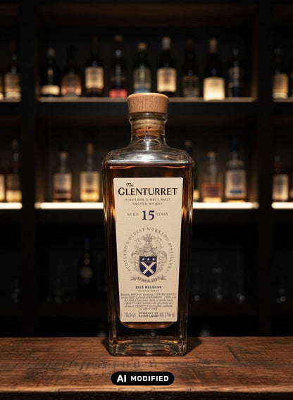Glenturret 15 Years 2025 Highland Single Malt Scotch Whisky in Glasflasche mit Holzkorken. Terracotta-Bernstein Farbe.
