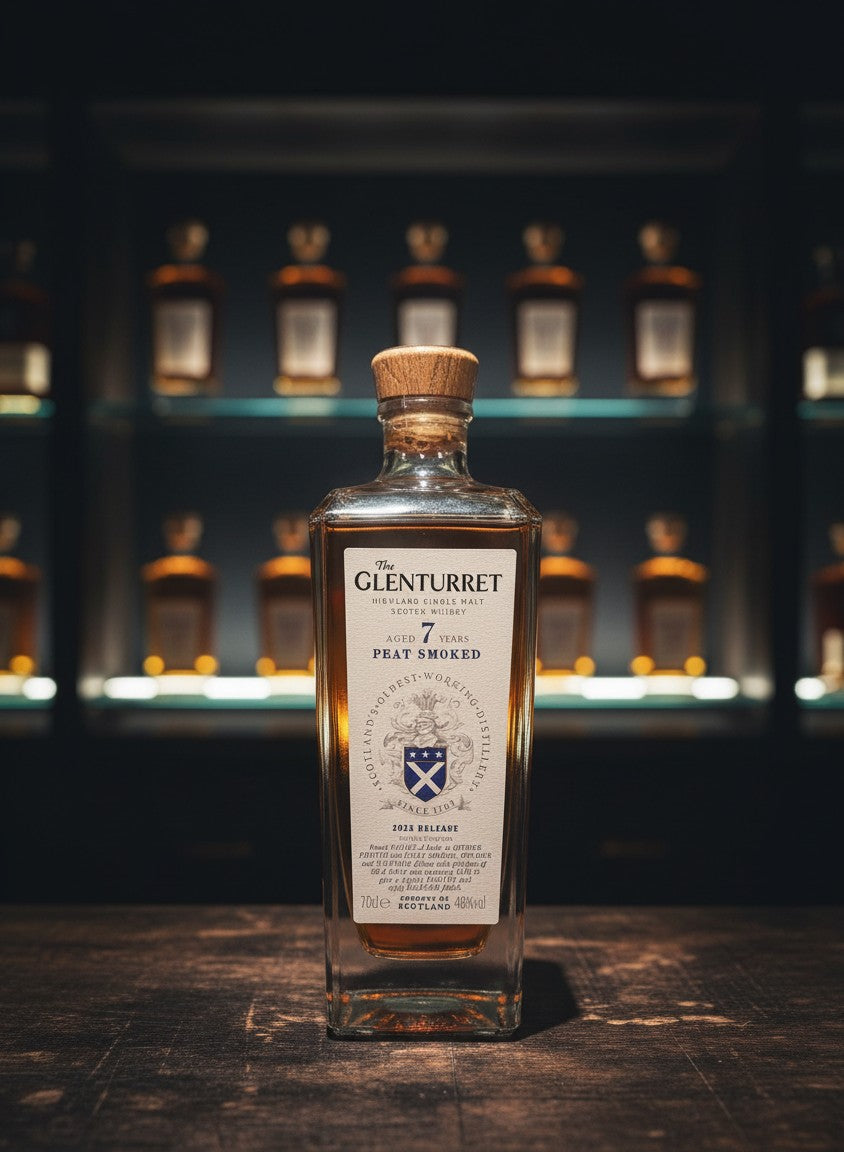 Glenturret 7 Years Peat Smoked 2025 Highland Single Malt Scotch Whisky in einer Glasflasche mit Holzkorken.