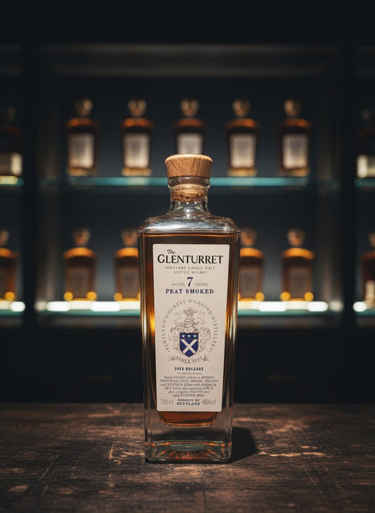 Glenturret 7 Years Peat Smoked 2025 Highland Single Malt Scotch Whisky in einer Glasflasche mit Holzkorken.