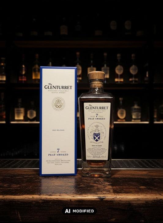 Glenturret 7 Years Peat Smoked 2025 Highland Single Malt Scotch Whisky in einer Glasflasche mit Holzkorken neben der blauen Kartonverpackung.