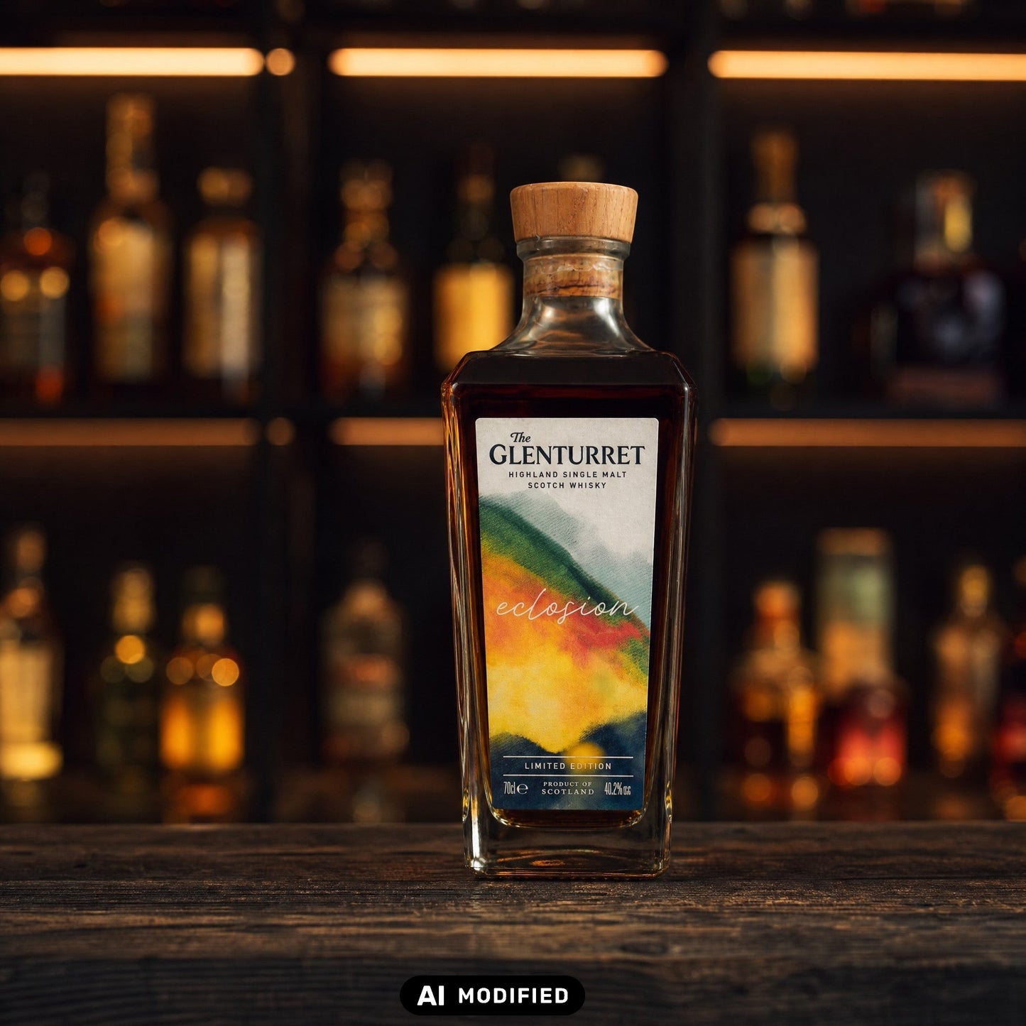 Whiskyquartier Glenturret Eclosion Highland Single Malt Whisky in einer eleganten Flasche mit buntem Etikett