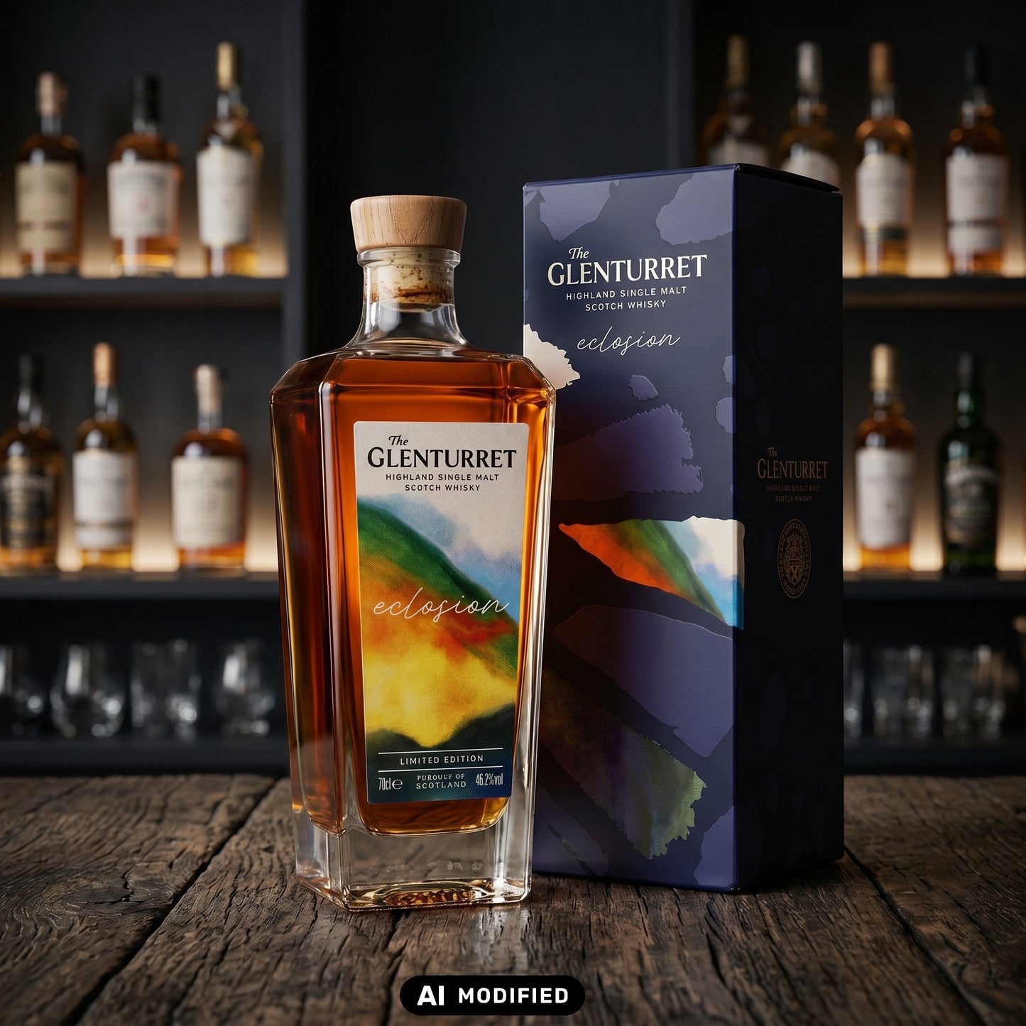 Whiskyquartier Glenturret Eclosion Highland Single Malt Whisky in einer eleganten Flasche mit künstlerischem Etikett.