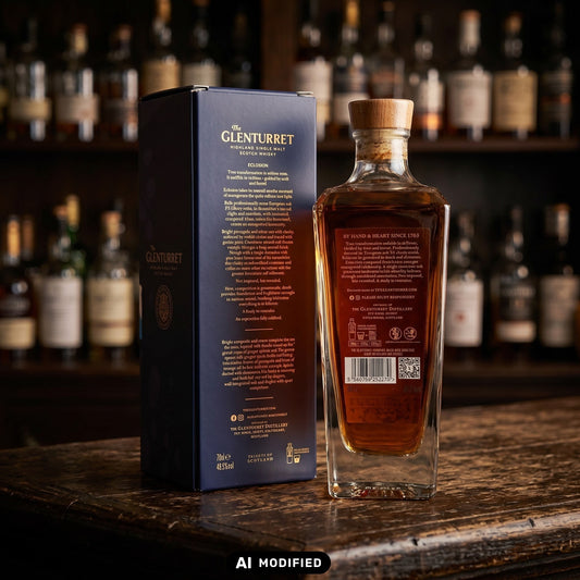 Whiskyquartier Glenturret Eclosion Highland Single Malt Whisky Flasche mit dunkelblauer Verpackung auf Holztisch