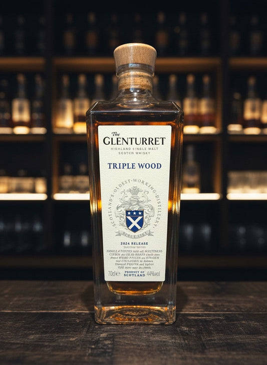 Whiskyquartier Glenturret Triple Wood 2024 Release Single Malt Scotch Whisky 0,7L in Glasflasche mit Holzkorken