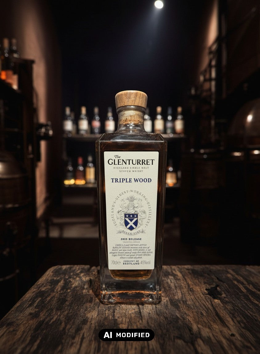Glenturret Triple Wood 2025 Highland Single Malt Scotch Whisky in einer Glasflasche mit Holzkorken. Whiskyquartier.