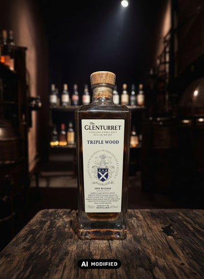 Glenturret Triple Wood 2025 Highland Single Malt Scotch Whisky in einer Glasflasche mit Holzkorken. Whiskyquartier.
