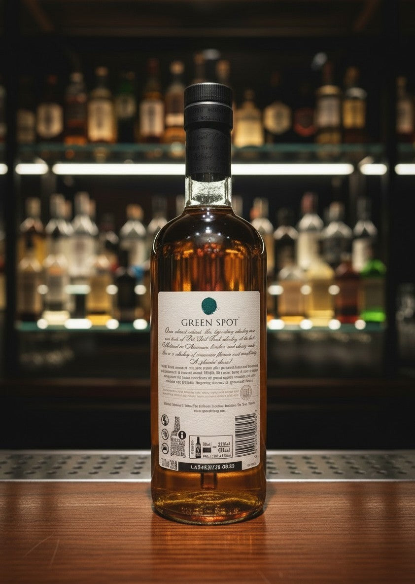 Whiskyquartier Green Spot Single Pot Still Irish Whiskey 0,7L Flasche mit bernsteinfarbener Flüssigkeit, traditionell und fruchtig.