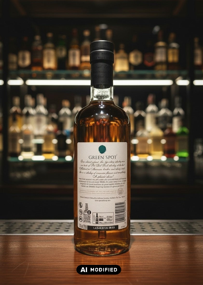 Whiskyquartier Green Spot Single Pot Still Irish Whiskey 0,7L Flasche mit bernsteinfarbener Flüssigkeit, traditionell und fruchtig.