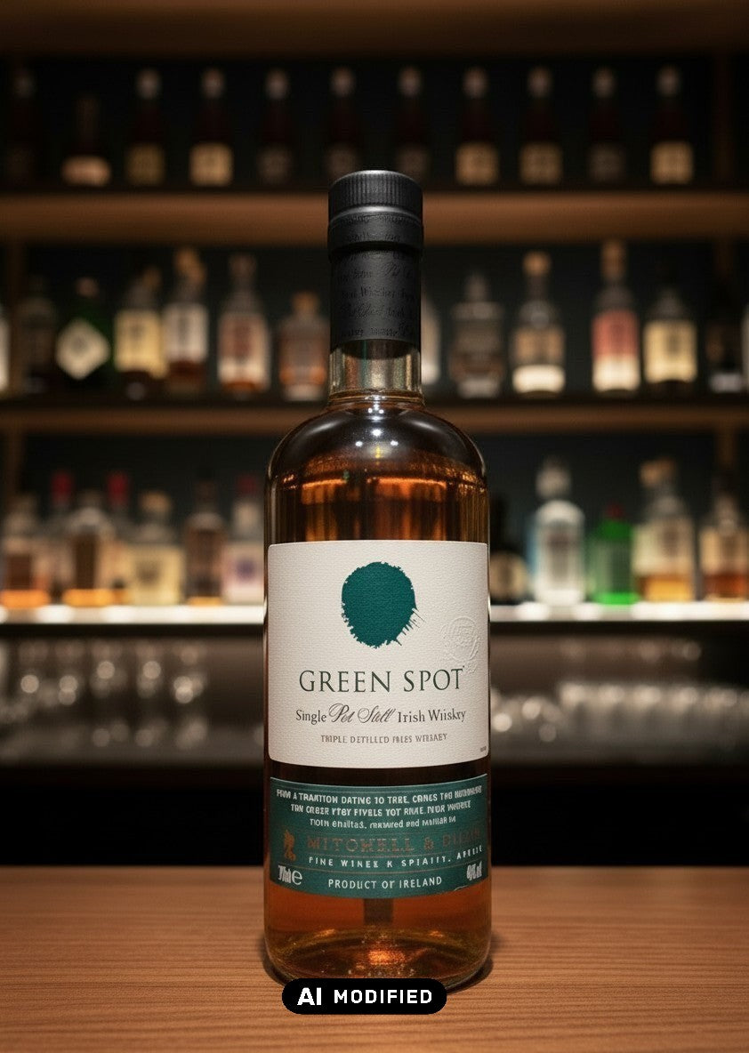 Whiskyquartier Green Spot Single Pot Still Irish Whiskey 0,7L Flasche mit bernsteinfarbener Flüssigkeit