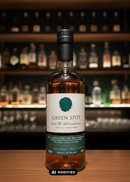 Whiskyquartier Green Spot Single Pot Still Irish Whiskey 0,7L Flasche mit bernsteinfarbener Flüssigkeit