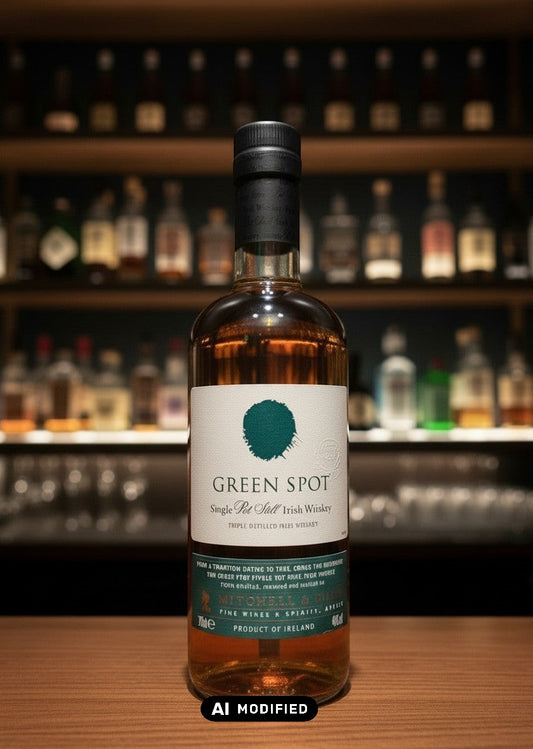 Whiskyquartier Green Spot Single Pot Still Irish Whiskey 0,7L Flasche mit bernsteinfarbener Flüssigkeit