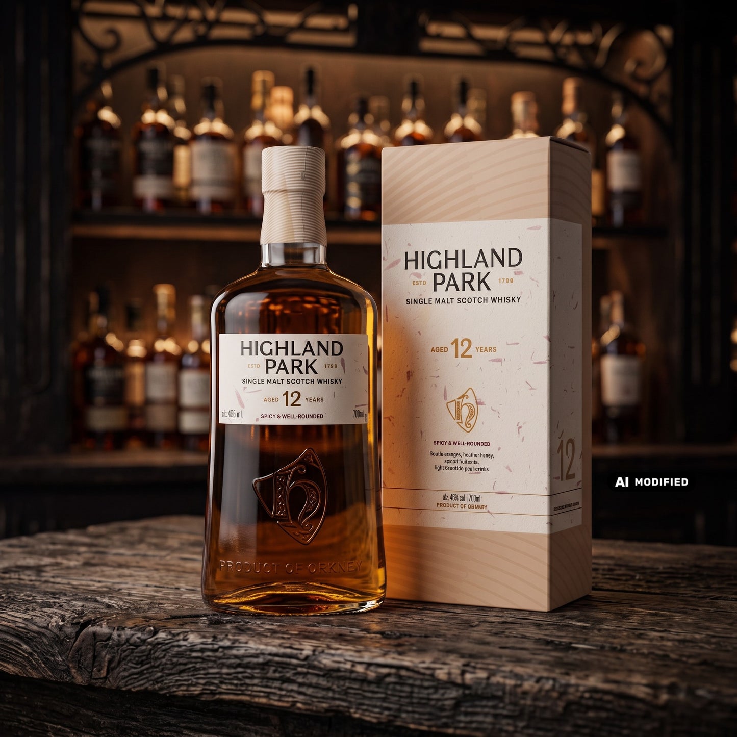 Whiskyquartier Highland Park 12 Jahre Single Malt Scotch Whisky Flasche mit Geschenkverpackung auf Holztisch