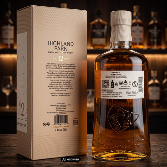 Whiskyquartier Highland Park 12 Jahre Single Malt Scotch Whisky Flasche mit Verpackung auf einem Holztisch
