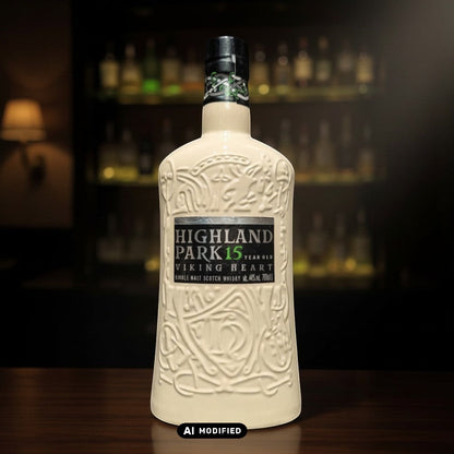 Highland Park 15 Jahre Viking Heart Single Malt Scotch Whisky in cremefarbener Keramikflasche mit Wikinger-Motiven, 0,7L