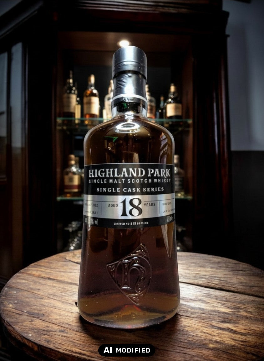 Whiskyquartier Highland Park 18 Jahre Single Cask Scotch Whisky, 0.7L, bernsteinfarben, in Sherry Butt gereift, limitiert auf 515 Flaschen.