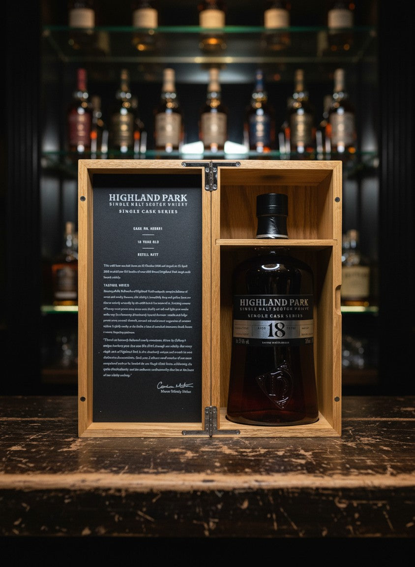 Highland Park 18 Jahre Single Malt Scotch Whisky Single Cask Series in Holzkiste, 0,7L, Fassstärke, limitiert auf 515 Flaschen.