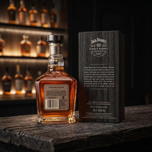 Whiskyquartier Jack Daniels Single Barrel 100 Proof Tennessee Whiskey Flasche mit Geschenkverpackung auf Holztisch