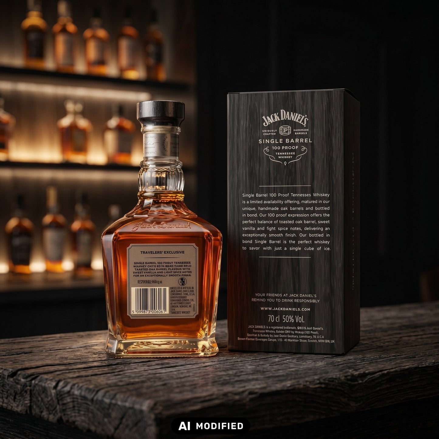 Whiskyquartier Jack Daniels Single Barrel 100 Proof Tennessee Whiskey Flasche mit Geschenkverpackung auf Holztisch