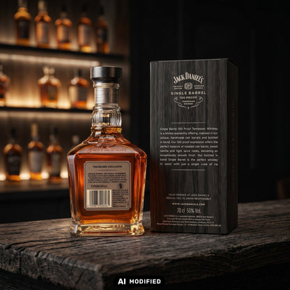 Whiskyquartier Jack Daniels Single Barrel 100 Proof Tennessee Whiskey Flasche mit Geschenkverpackung auf Holztisch