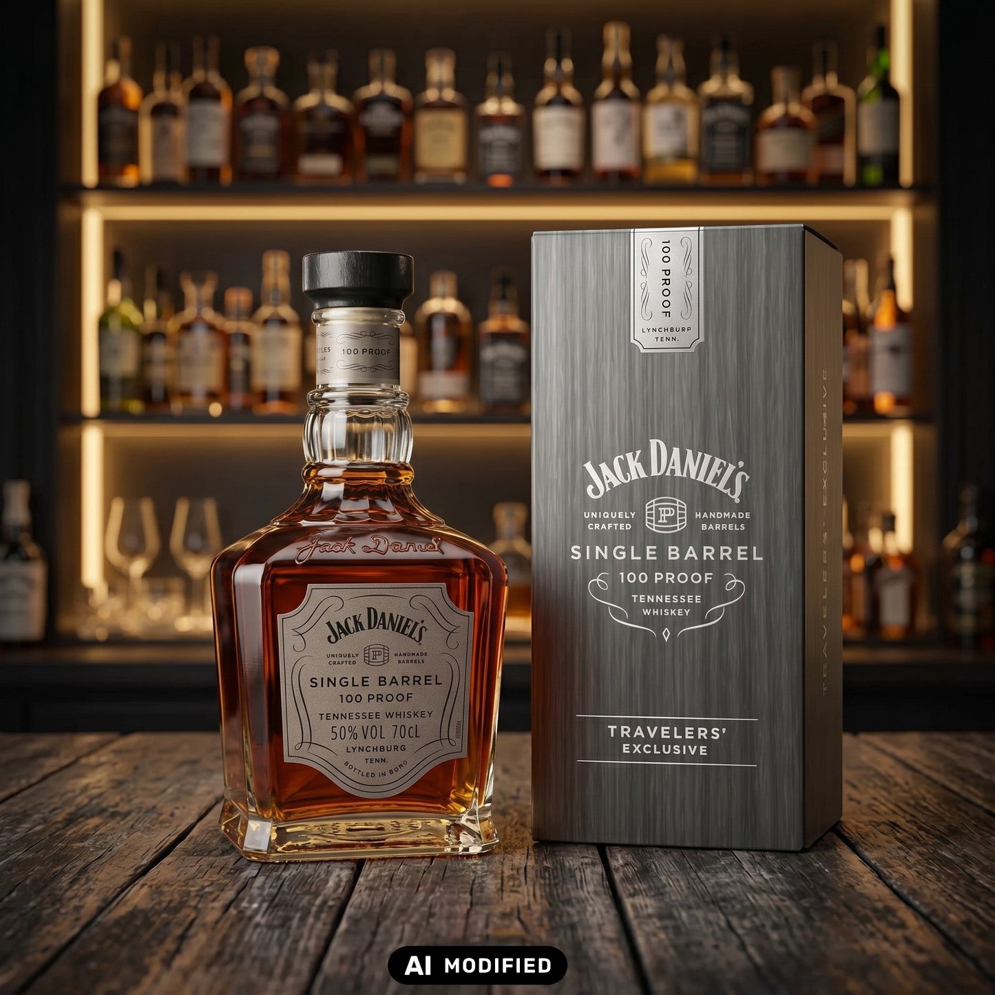 Whiskyquartier Jack Daniel's Single Barrel 100 Proof Whiskey Flasche mit Geschenkverpackung auf einem Holztisch