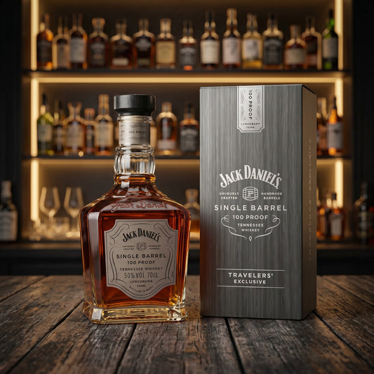 Whiskyquartier Jack Daniel's Single Barrel 100 Proof Whiskey Flasche mit Geschenkverpackung auf einem Holztisch