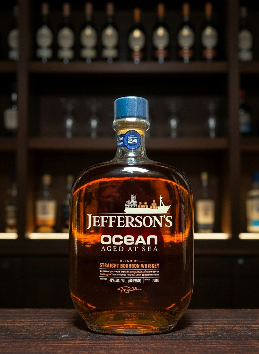 Whiskyquartier Jefferson's Ocean Aged at Sea Bourbon 0,7L Flasche mit maritimen Etikett und Voyage-Nummer, gereift auf See.