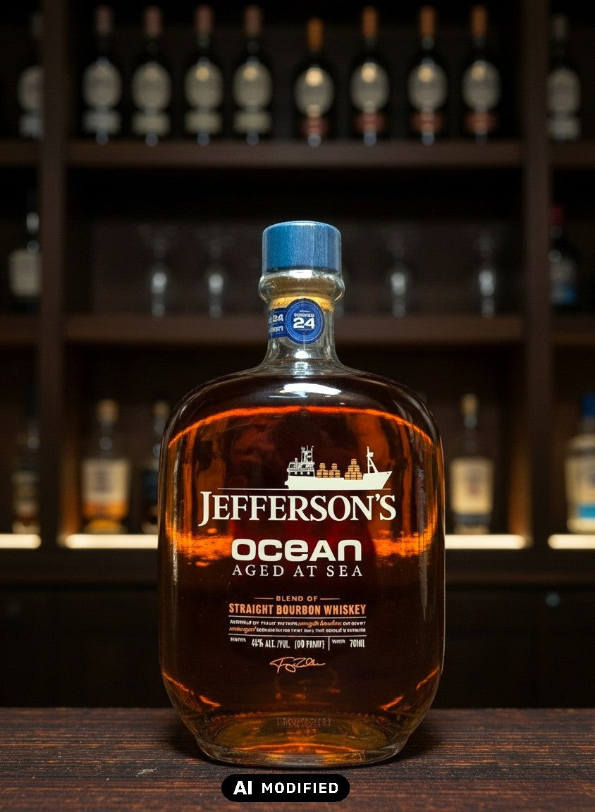 Whiskyquartier Jefferson's Ocean Aged at Sea Bourbon 0,7L Flasche mit maritimen Etikett und Voyage-Nummer, gereift auf See.