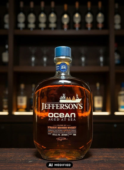 Whiskyquartier Jefferson's Ocean Aged at Sea Bourbon 0,7L Flasche mit maritimen Etikett und Voyage-Nummer, gereift auf See.