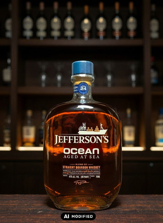 Whiskyquartier Jefferson's Ocean Aged at Sea Bourbon 0,7L Flasche mit maritimen Etikett und Voyage-Nummer, gereift auf See.