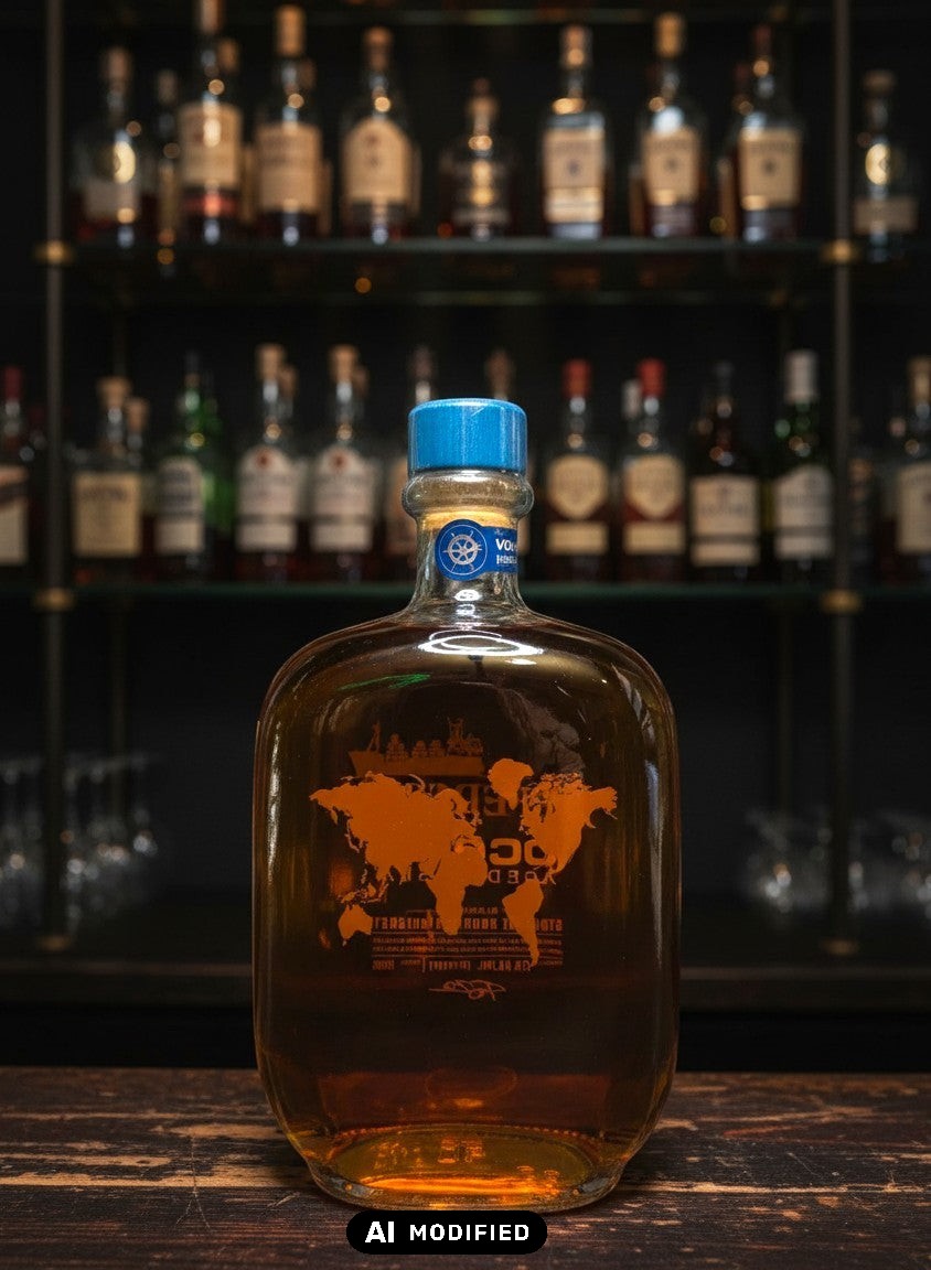 Whiskyquartier Jefferson's Ocean Aged at Sea Bourbon 0,7L Flasche mit Weltkarte und blauem Verschluss, umgeben von Fässern.