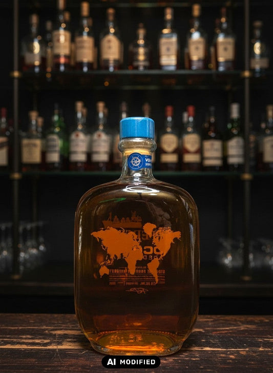 Whiskyquartier Jefferson's Ocean Aged at Sea Bourbon 0,7L Flasche mit Weltkarte und blauem Verschluss, umgeben von Fässern.