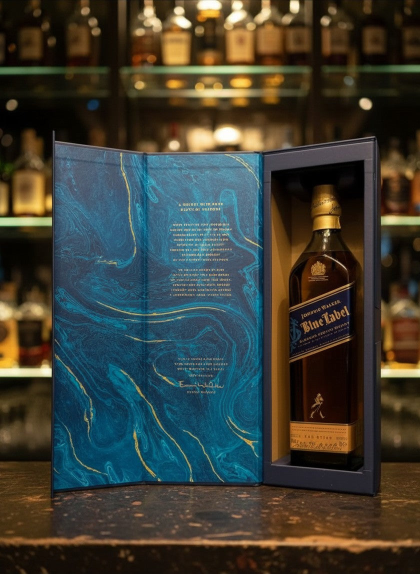 Johnnie Walker Blue Label Blended Scotch Whisky 0.7L in Geschenkbox mit blauem Marmormuster