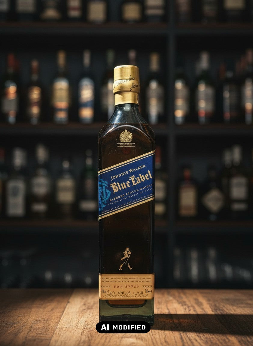 Johnnie Walker Blue Label Blended Scotch Whisky 0.7L Flasche mit goldenem Verschluss und blauer Banderole, auf Holztisch.
