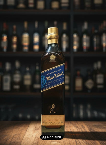 Johnnie Walker Blue Label Blended Scotch Whisky 0.7L Flasche mit goldenem Verschluss und blauer Banderole, auf Holztisch.