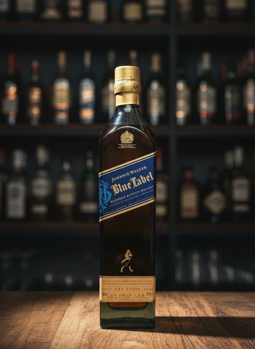 Johnnie Walker Blue Label Blended Scotch Whisky 0.7L Flasche mit goldenem Verschluss und blauer Banderole, auf Holztisch.