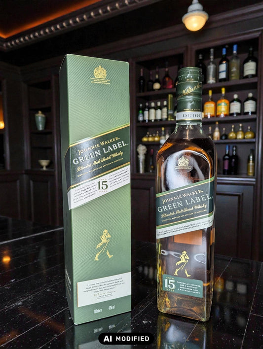 Johnnie Walker Green Label Blended Malt Scotch Whisky 15 Jahre alt, 0,7L Flasche und Karton. Whiskyquartier