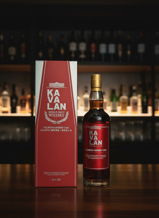 Kavalan Sherry Oak Single Malt Whisky 0.7L Flasche und Karton, bernsteinfarben, mit Sherry- und Eichennoten