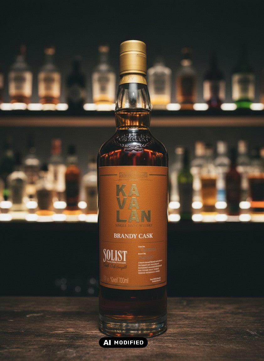 Whiskyquartier Kavalan Solist Brandy Cask Single Malt Whisky, dunkler Bernstein, 0,7L Flasche mit goldenem Verschluss.